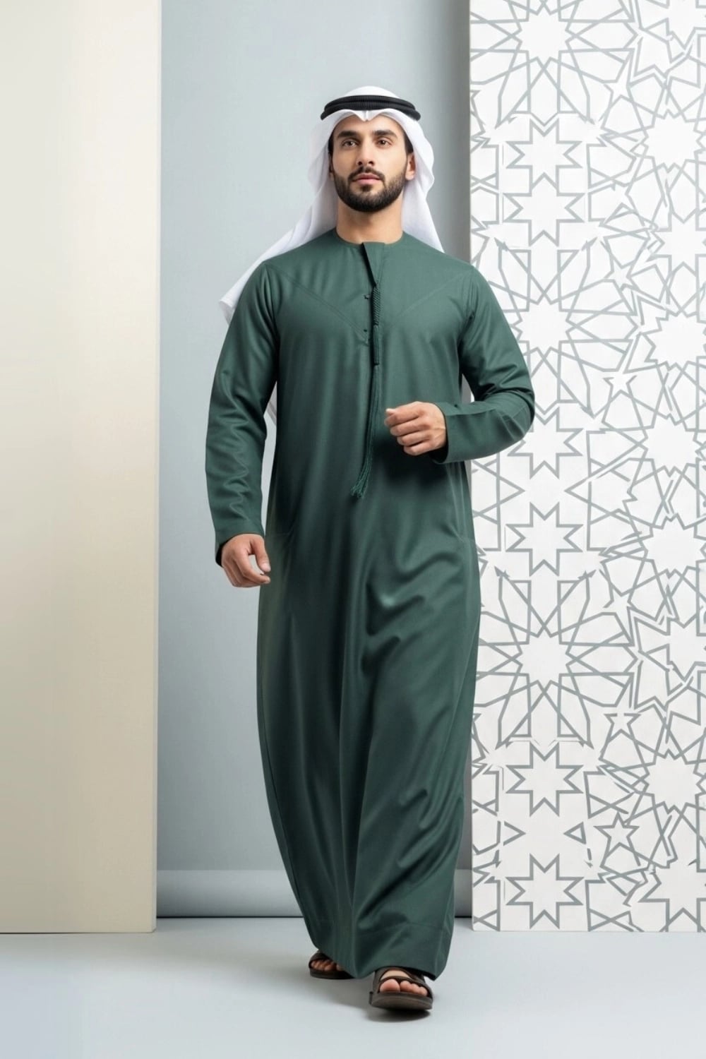 A man wearing the regal Royal Green Winter Kandora, perfect for formal events. 1