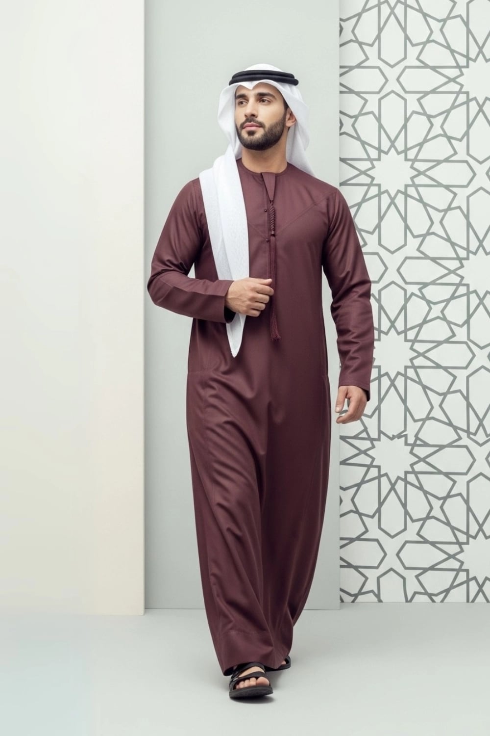 A man wearing the bold and elegant Maroon Kandura for winter. 1