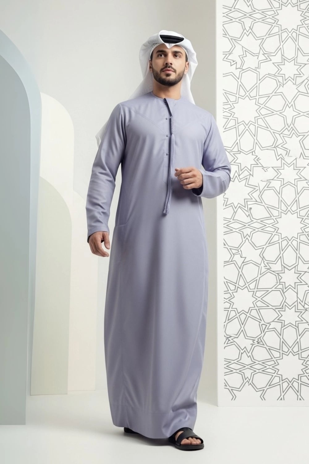 A man wearing the unique and elegant Smoky Lavender Kandura. 1