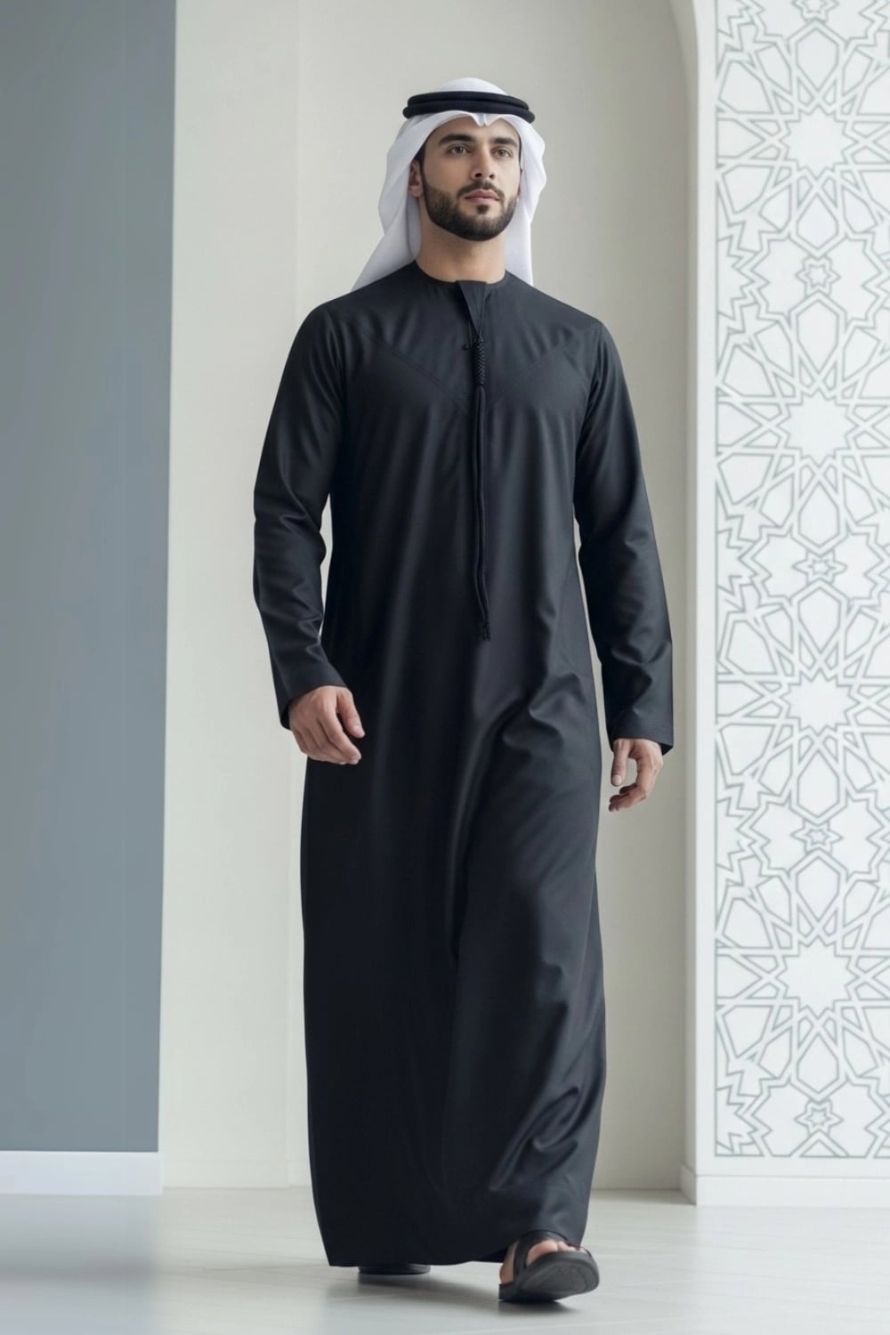A man wearing the powerful and elegant Black Winter Emirati Kandura. 1