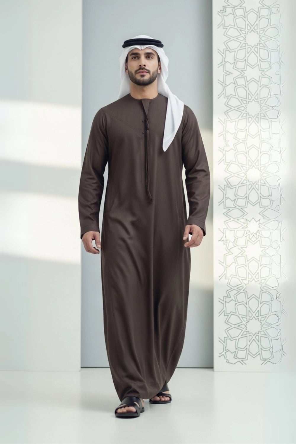 A man wearing the rich Dark Chocolate Winter Emirati Kandura. 1