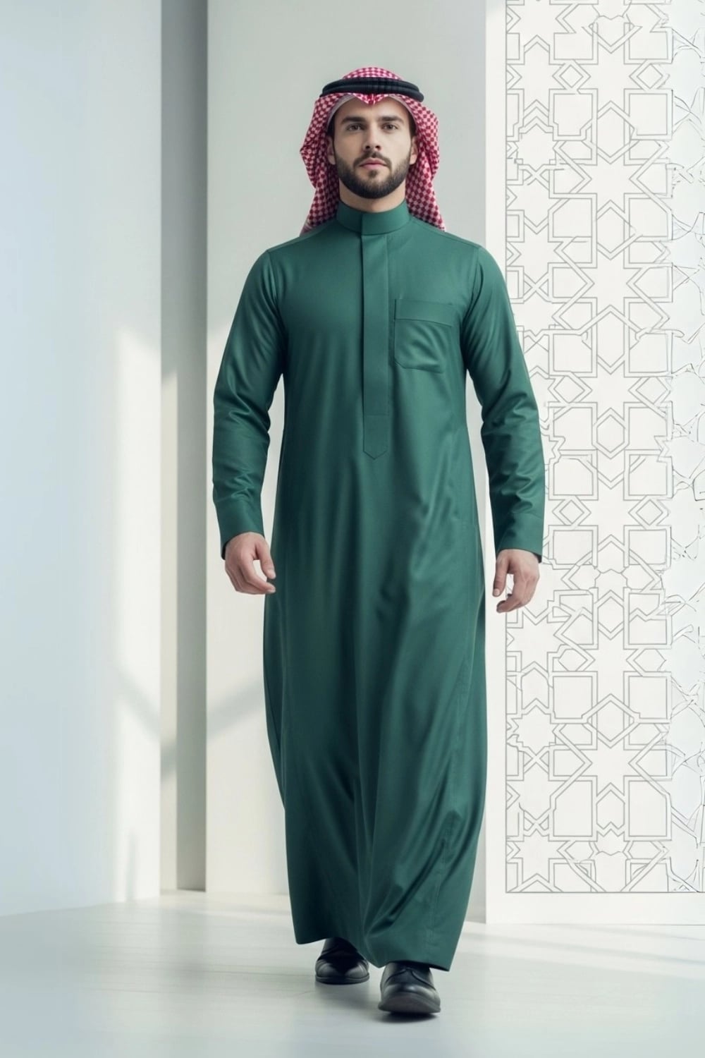 A man wearing the distinguished Midnight Green Saudi Thobe for winter. 1