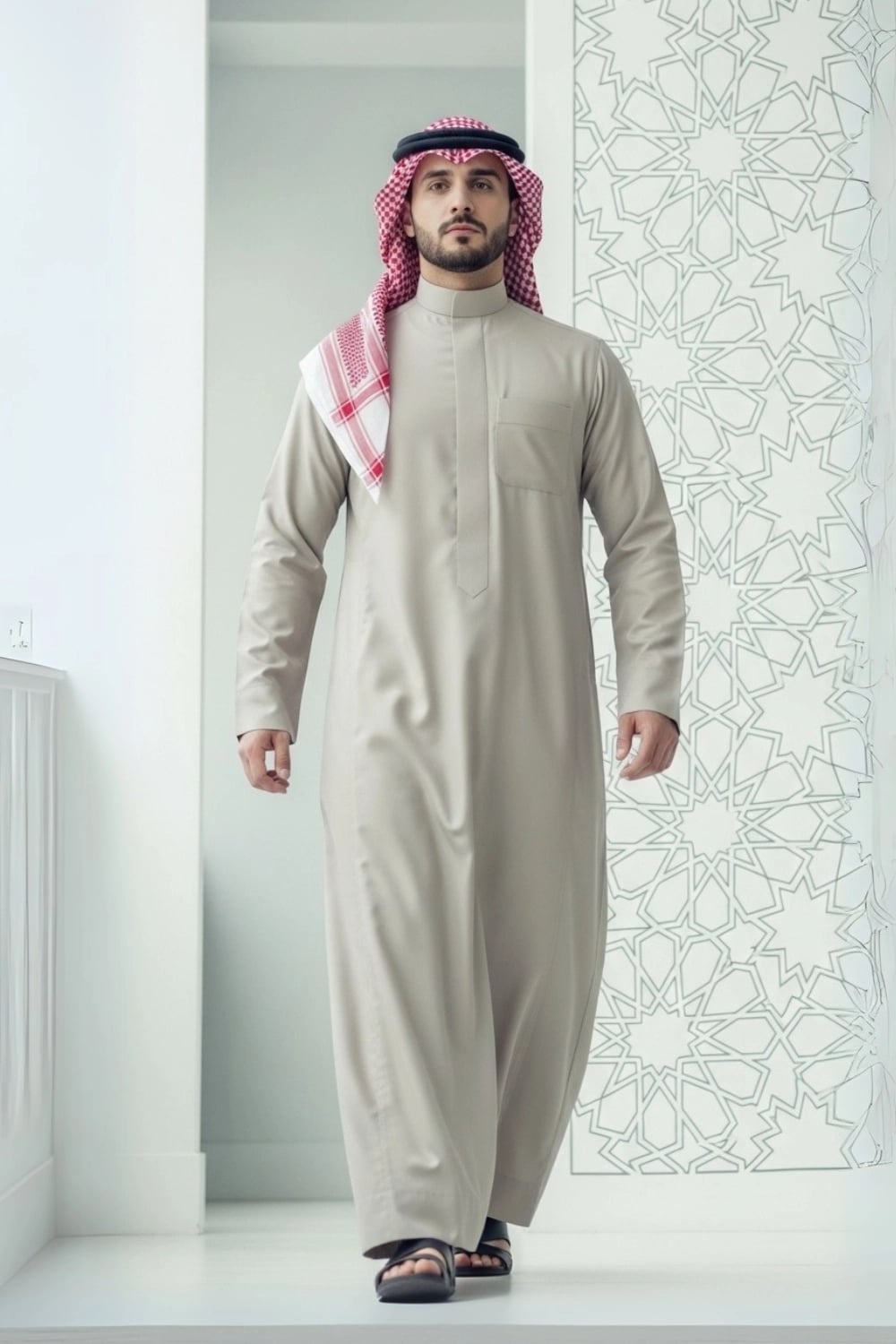 A man wearing the versatile and elegant Light Beige Thobe. 1