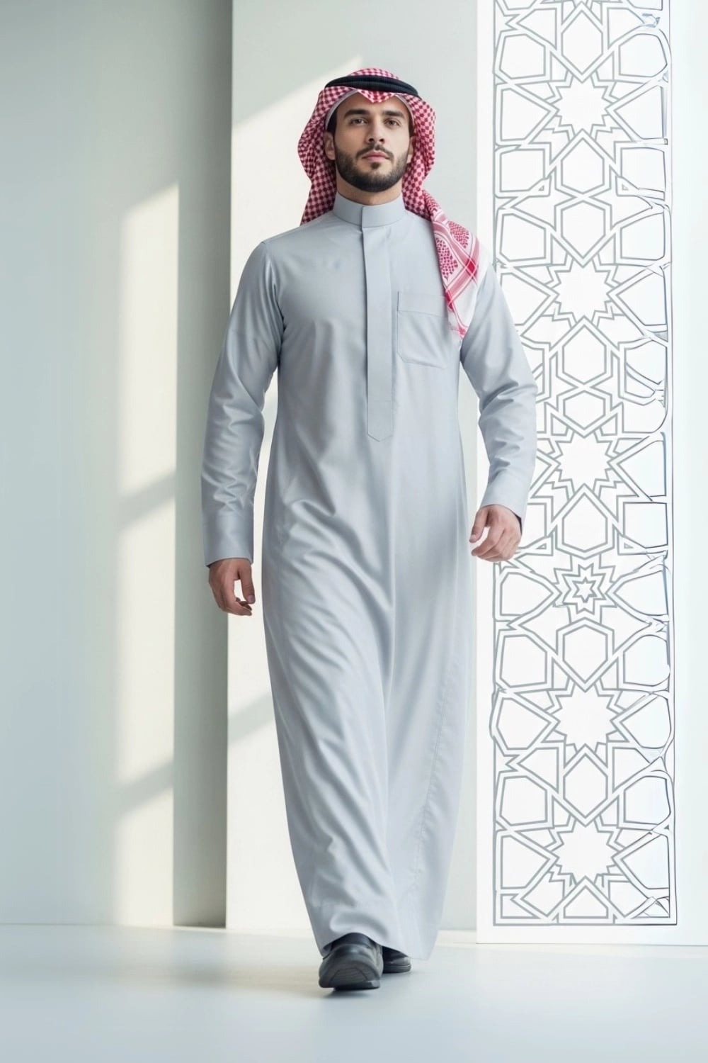 A man wearing the cool and sharp Ice Grey Saudi Thobe. 1