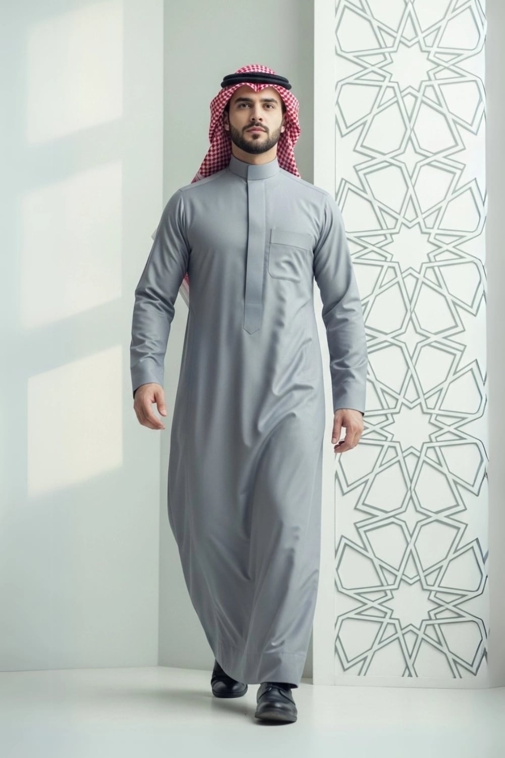 A man in a modern and sleek Grey Thobe from the Stellar Edition. 1