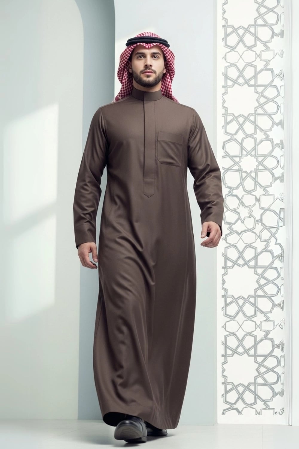 A man wearing the warm and rich Dark Brown Winter Saudi Thobe. 1
