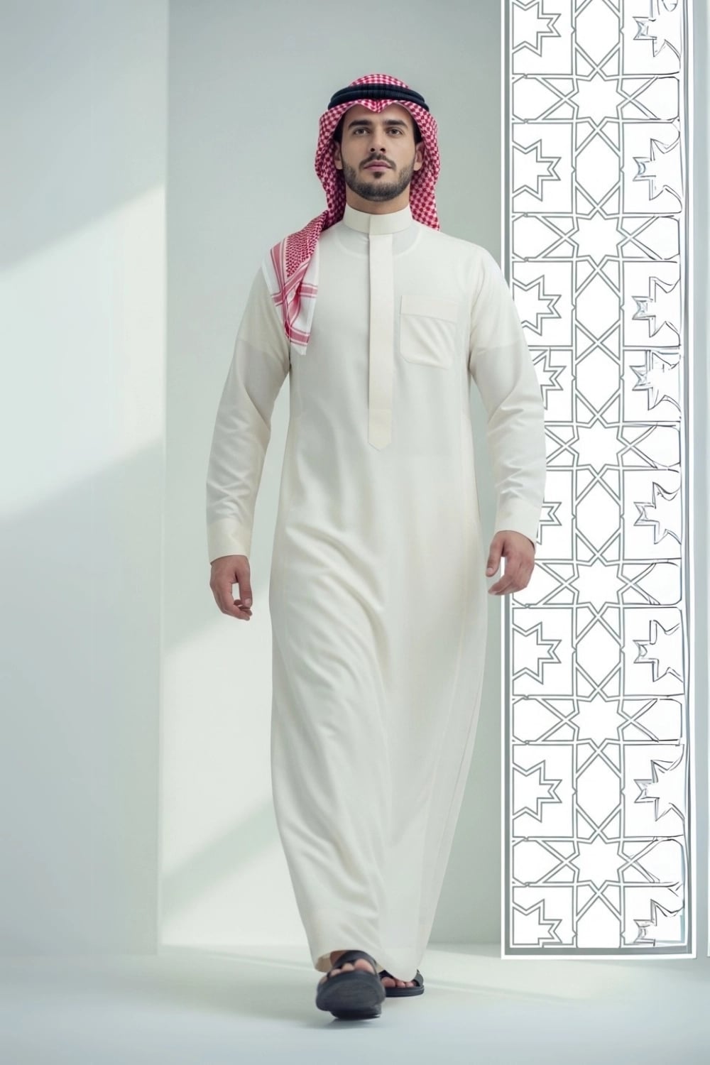A man wearing the elegant and clean Cream Saudi Thobe. 1