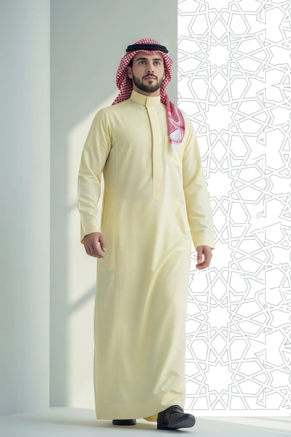 A man wearing the light and fresh Pale Lemon Saudi Thobe. 1