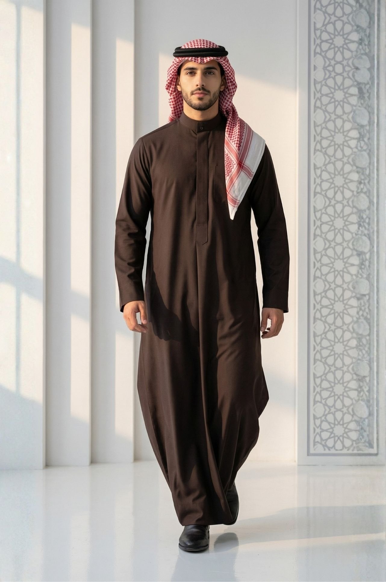 Man in dark chocolate Kuwaiti dishdasha by Shabab al Yola, warm winter option with rich color for Gulf events in Abu Dhabi 1