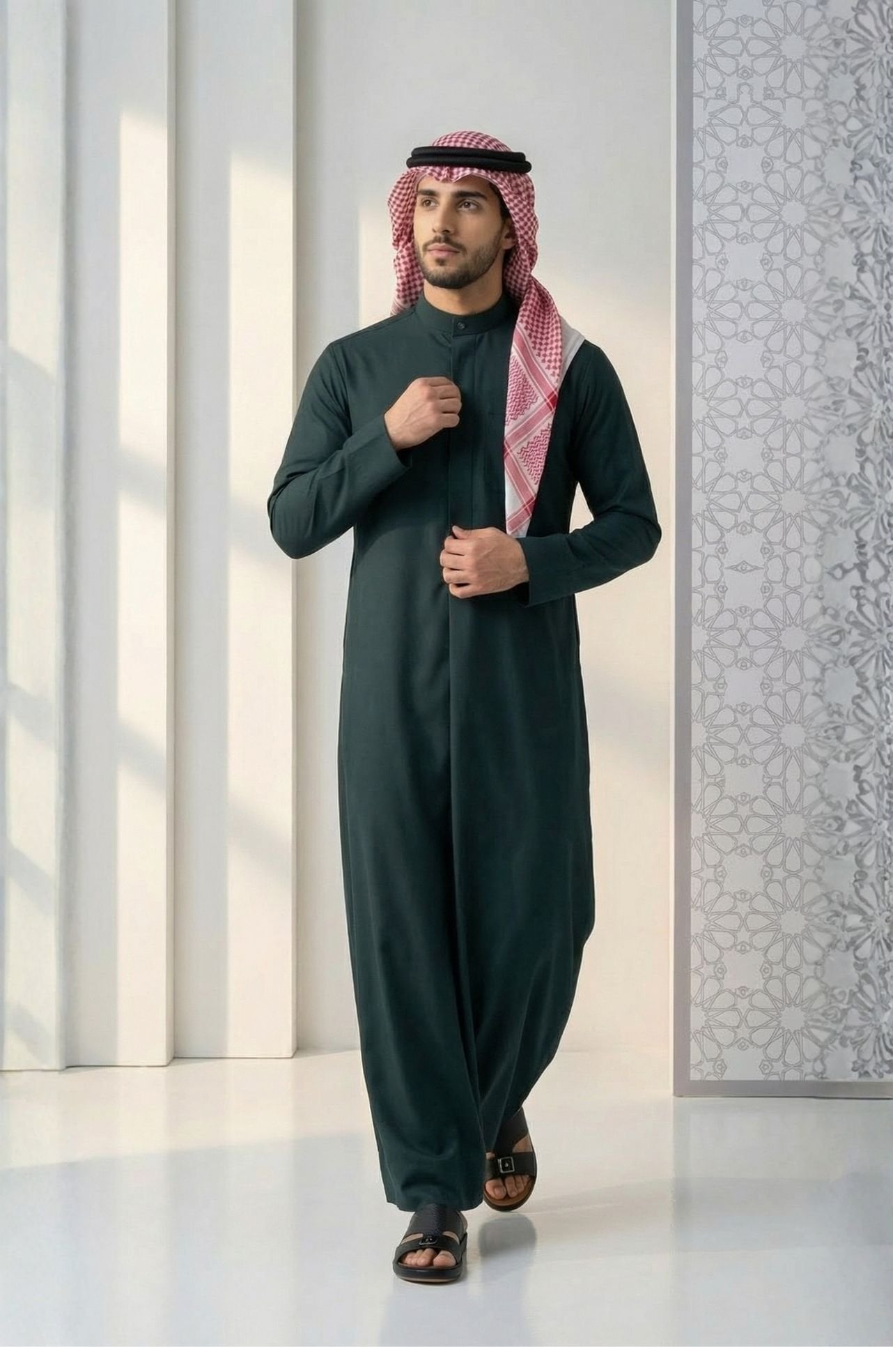Man in midnight green Kuwaiti dishdasha from Shabab al Yola, deep color for winter evenings in UAE with premium tailoring 1