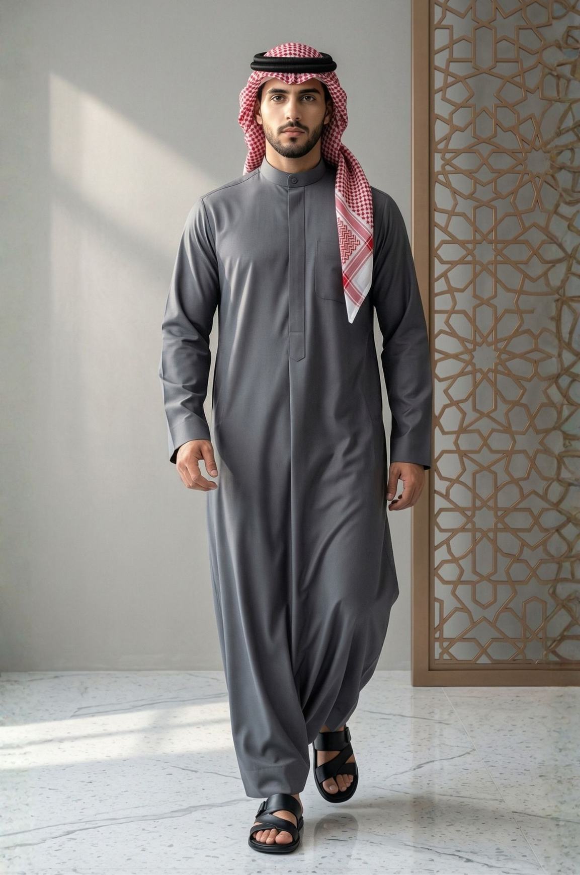 Man wearing graphite grey Kuwaiti dishdasha by Shabab al Yola, modern all-season choice with sharp tailoring and premium fabric in UAE 1