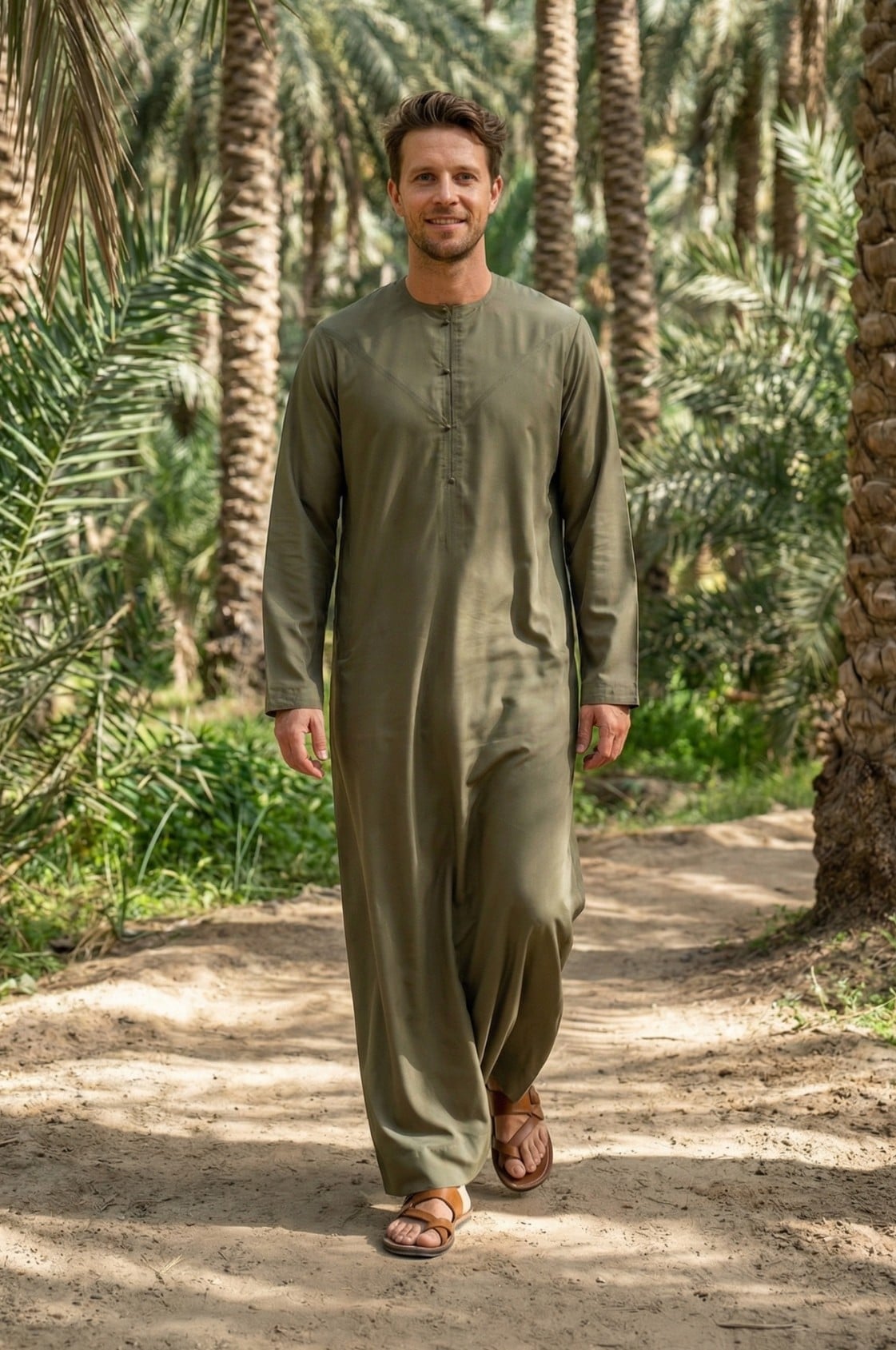 Adventurous Western man wearing an olive green kandora during a desert safari in Abu Dhabi, blending into the natural landscape. 1