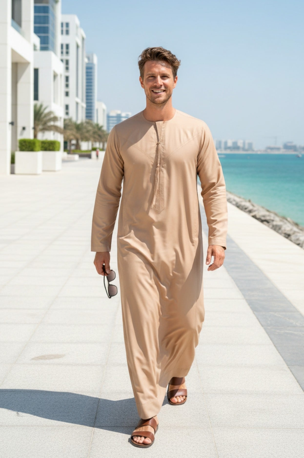 Western man wearing a sand stone colored kandora in the Abu Dhabi dunes, perfectly matching the desert landscape. 1