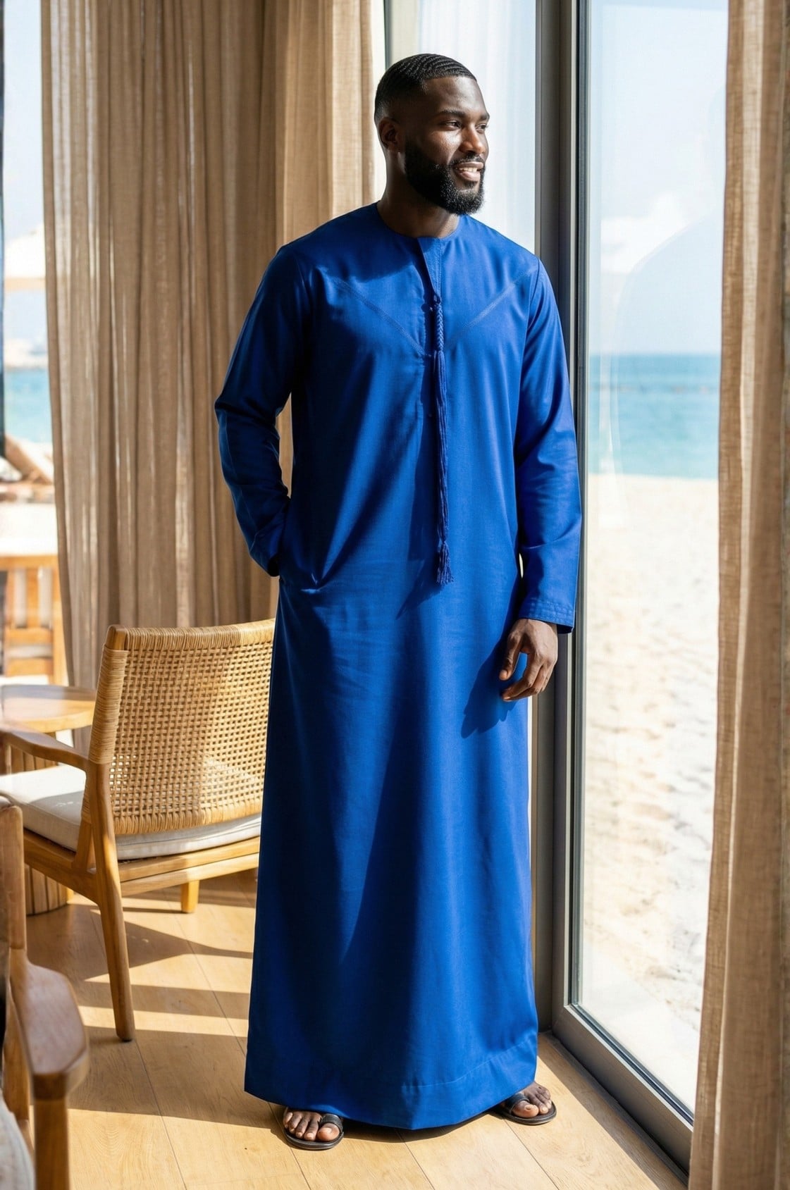Distinguished gentleman wearing a royal blue kandora at a luxury Abu Dhabi venue, embodying regal elegance in traditional dress. 1