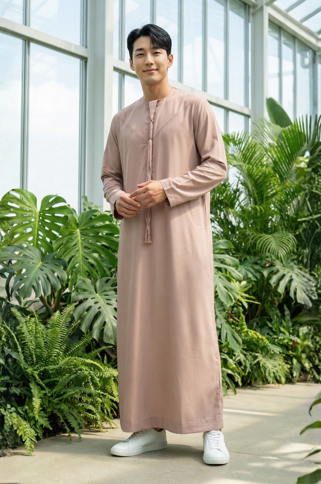Fashion-forward young man wearing a dusty rose kandora in Abu Dhabi, showcasing bold aesthetic choices in traditional dress. 1