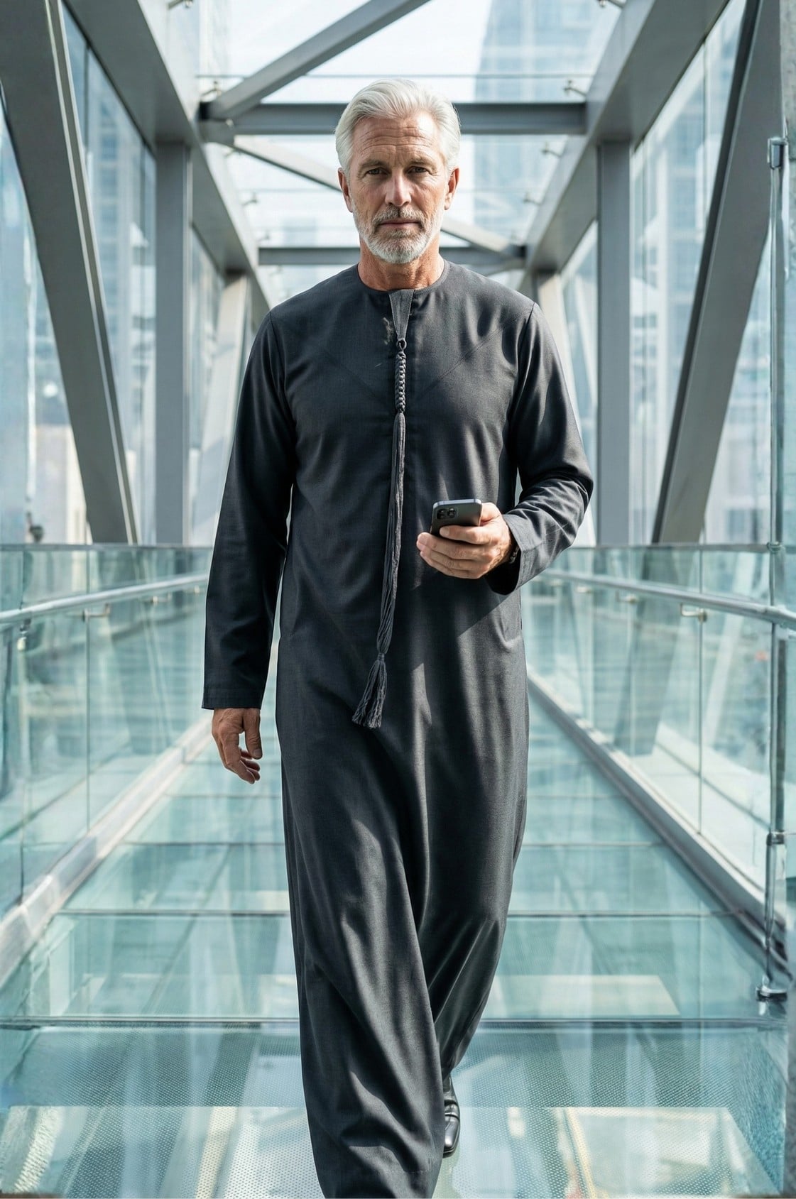 Senior executive wearing a sophisticated charcoal grey kandora against modern Abu Dhabi architecture, embodying contemporary leadership. 1