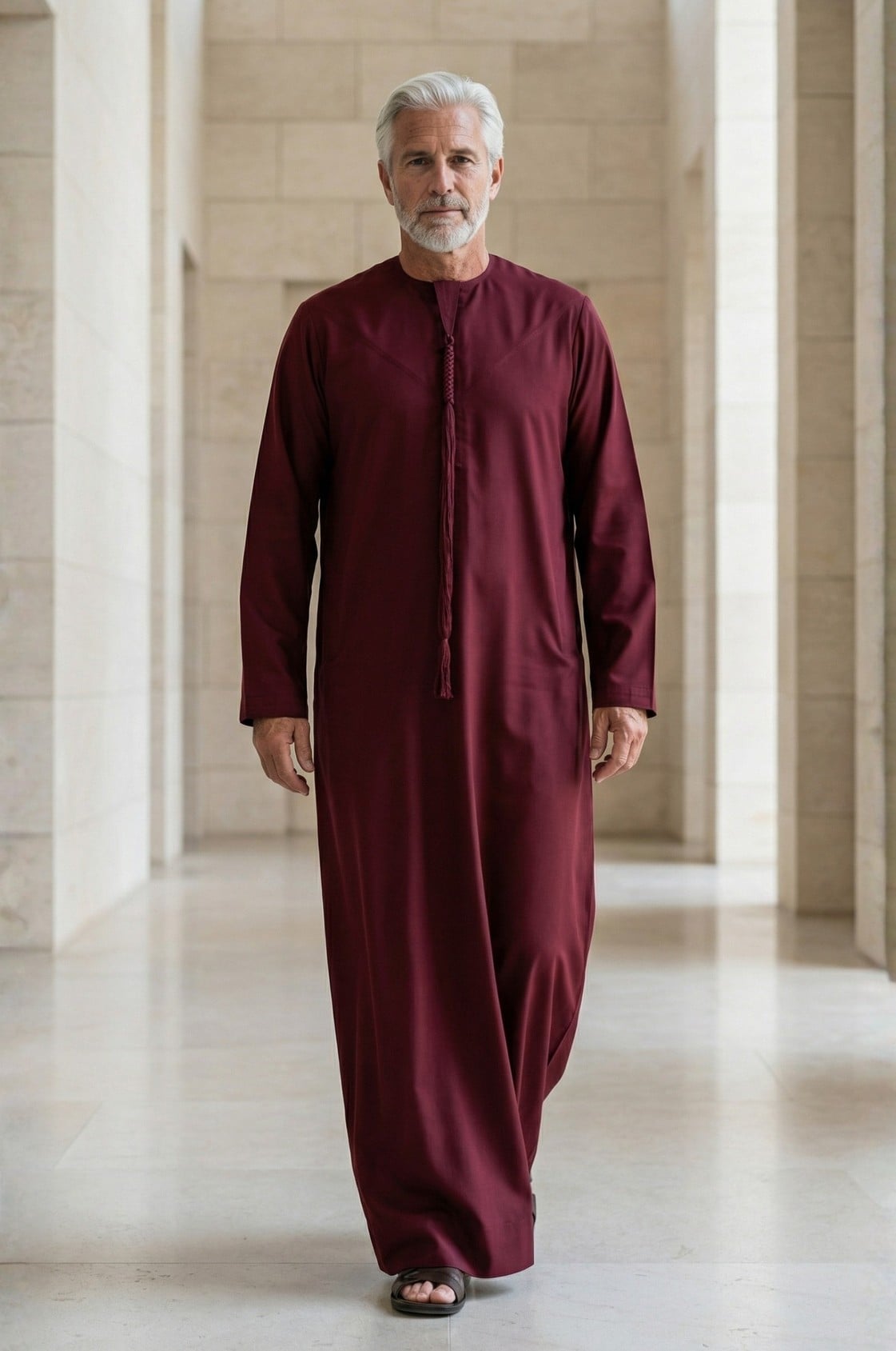 Distinguished gentleman wearing a deep maroon kandora at an evening Abu Dhabi event, embodying warmth and established success. 1