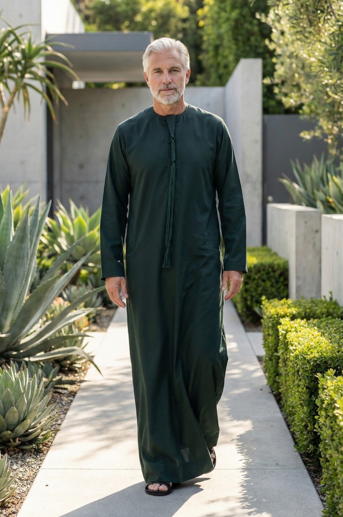 Prestigious executive wearing a midnight green kandora at an exclusive Abu Dhabi venue, showcasing rare sophistication in traditional dress. 1