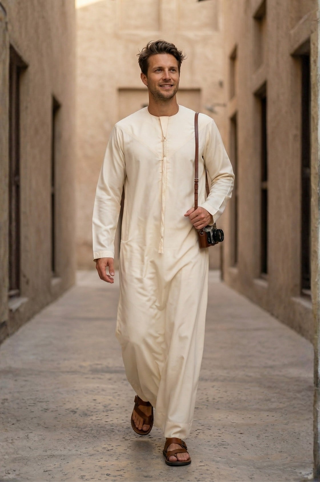 European tourist wearing an elegant off-white kandora near historic Abu Dhabi architecture, embracing Emirati heritage. 1