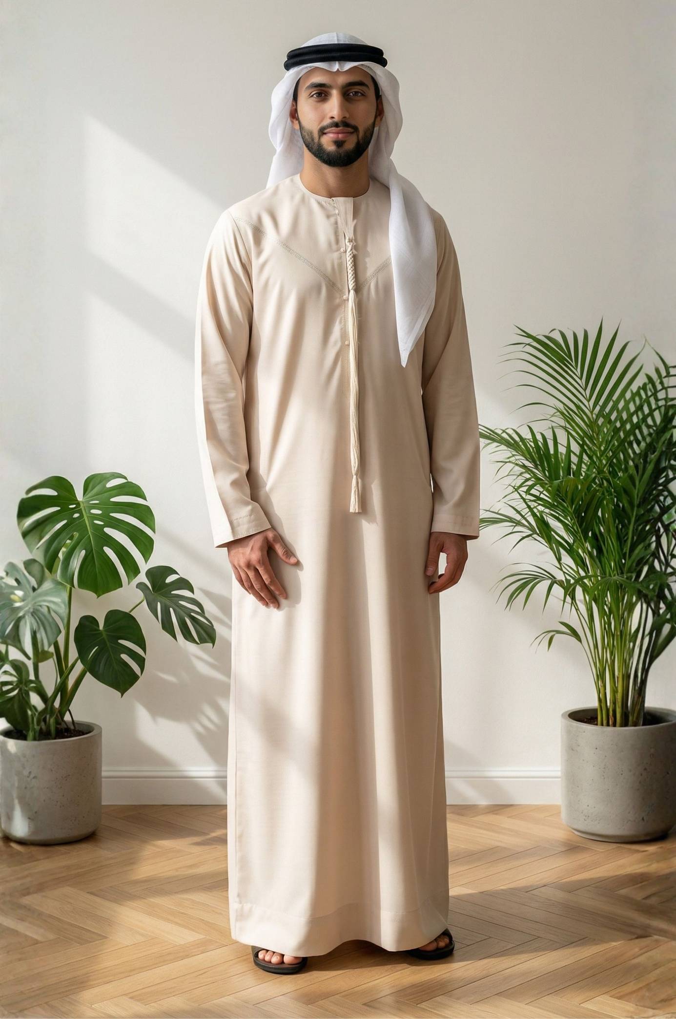 Emirati man wearing the premium Light Tan Semiramis Wool Kandora, showcasing the natural wool drape and elegant Japanese fabric finish from Shabab al Yola Heritage Collection 1