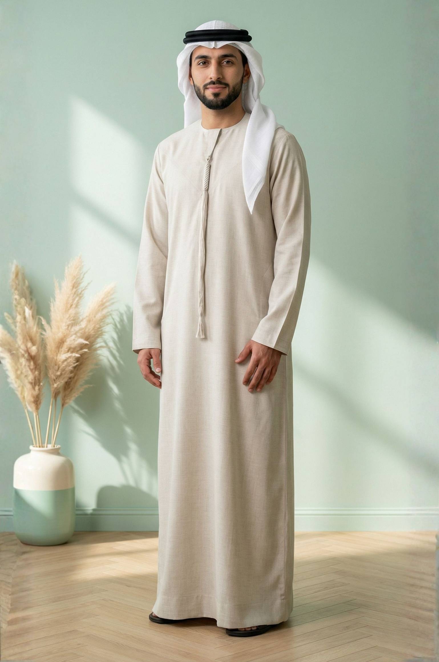 Distinguished gentleman wearing the Antique White Semiramis Wool Kandora, displaying the soft ivory wool tone and refined silhouette of the Heritage Collection by Shabab al Yola 1