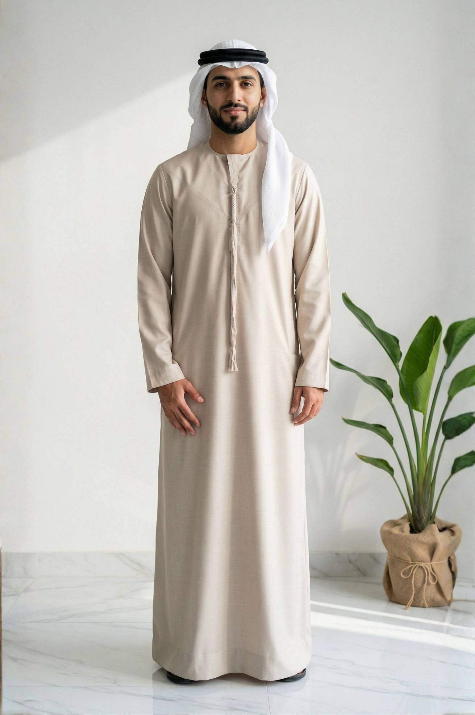 Man wearing Heritage Beige Semiramis Wool Kandora with traditional earthy tones, showcasing the natural wool texture and commanding silhouette from Shabab al Yola 1