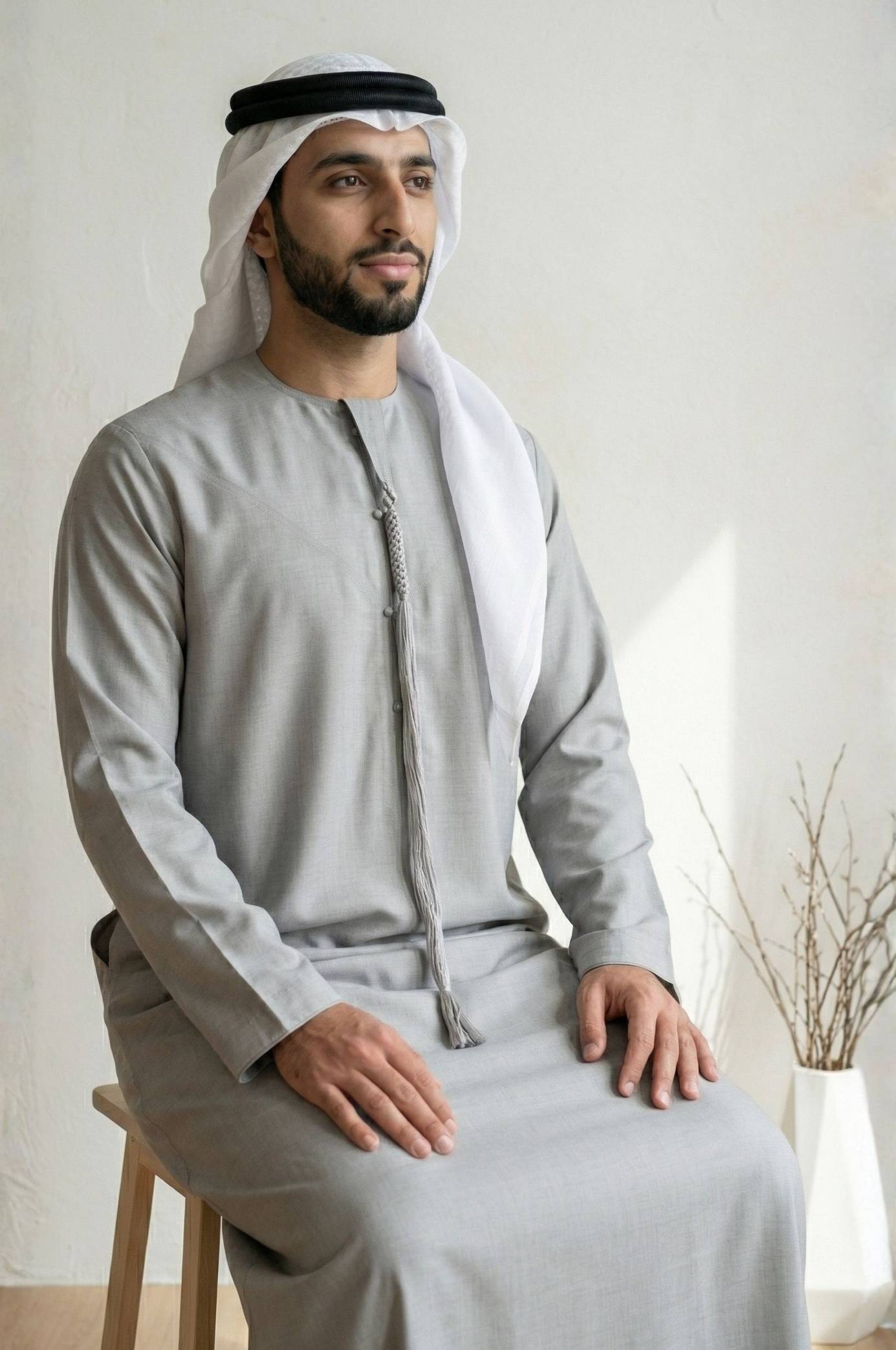 Executive wearing Platinum Gray Semiramis Wool Kandora, showcasing the modern sophisticated tone and premium Japanese wool texture from Shabab al Yola Heritage Collection 1