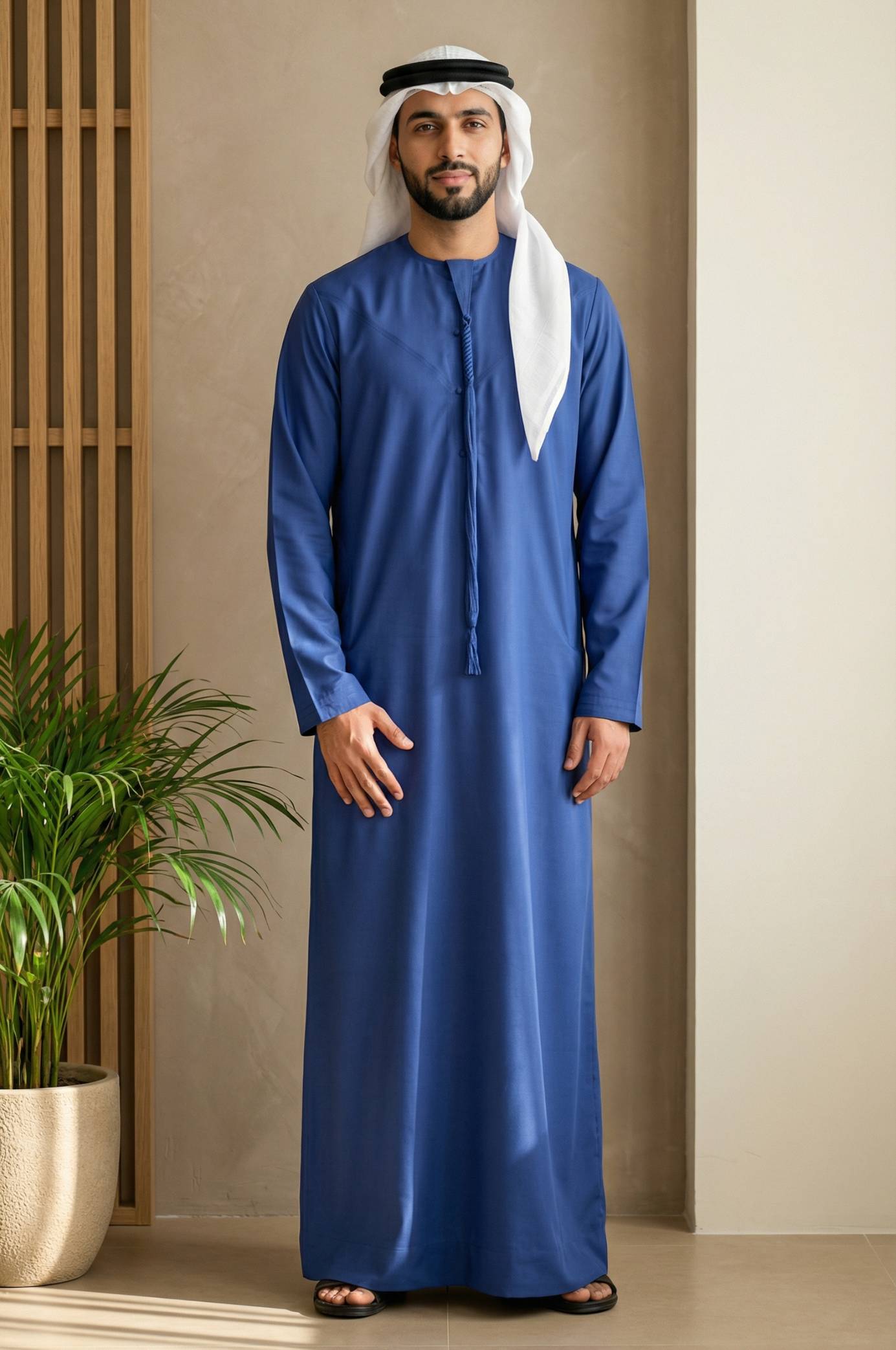 Distinguished gentleman wearing the Navy Blue Harrisons Wool Kandora, showcasing the deep British worsted fabric with refined drape and Savile Row heritage from Shabab al Yola British Heritage Collection 1