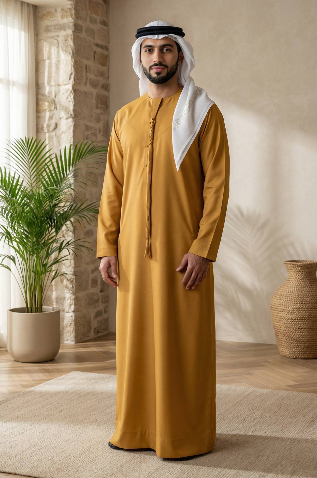 Gentleman wearing the Desert Amber Harrisons Wool Kandora, displaying the warm golden British worsted fabric with commanding silhouette from Shabab al Yola British Heritage Collection 1