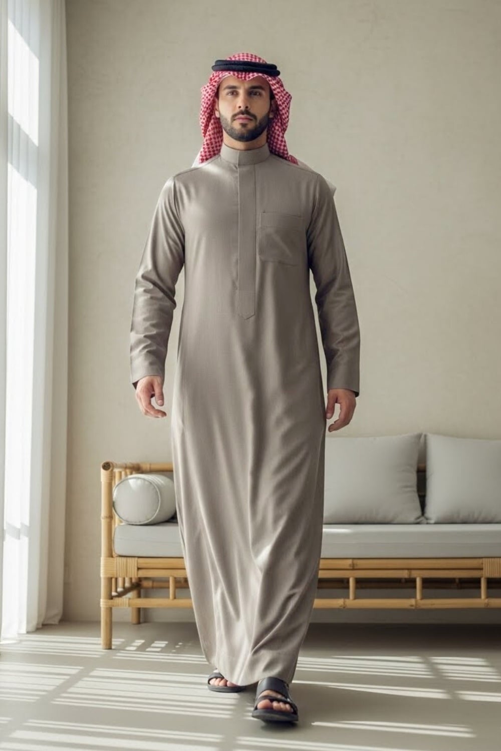 Gentleman wearing Stone Greige Montgomery Wool Saudi Thobe showcasing the refined neutral tone and distinguished Saudi collar style from Shabab al Yola Winter Collection 1