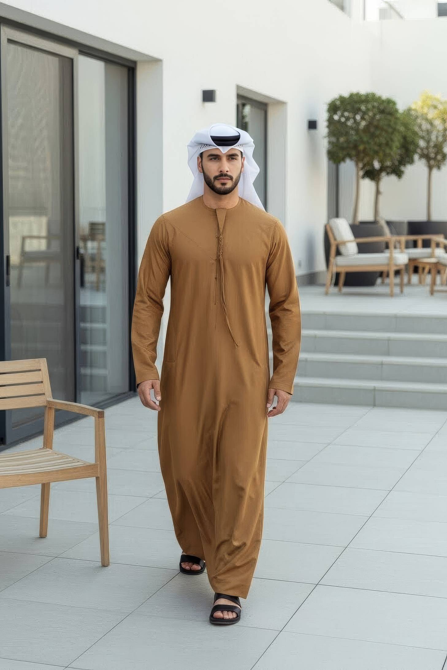 Gentleman wearing Mustard Montgomery Wool Kandora showcasing the warm golden tone and premium English wool texture from Shabab al Yola Winter Collection 1