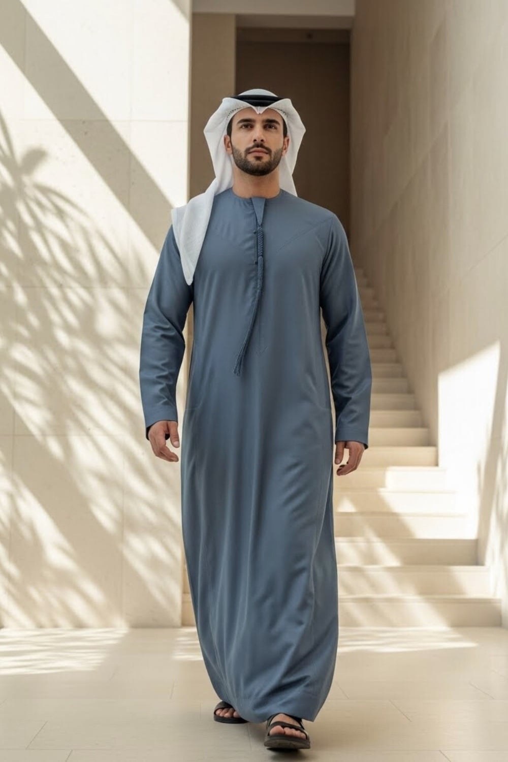 Distinguished man wearing Slate Blue Montgomery Wool Kandora displaying the deep blue tone and refined English wool texture from Shabab al Yola Winter Collection 1