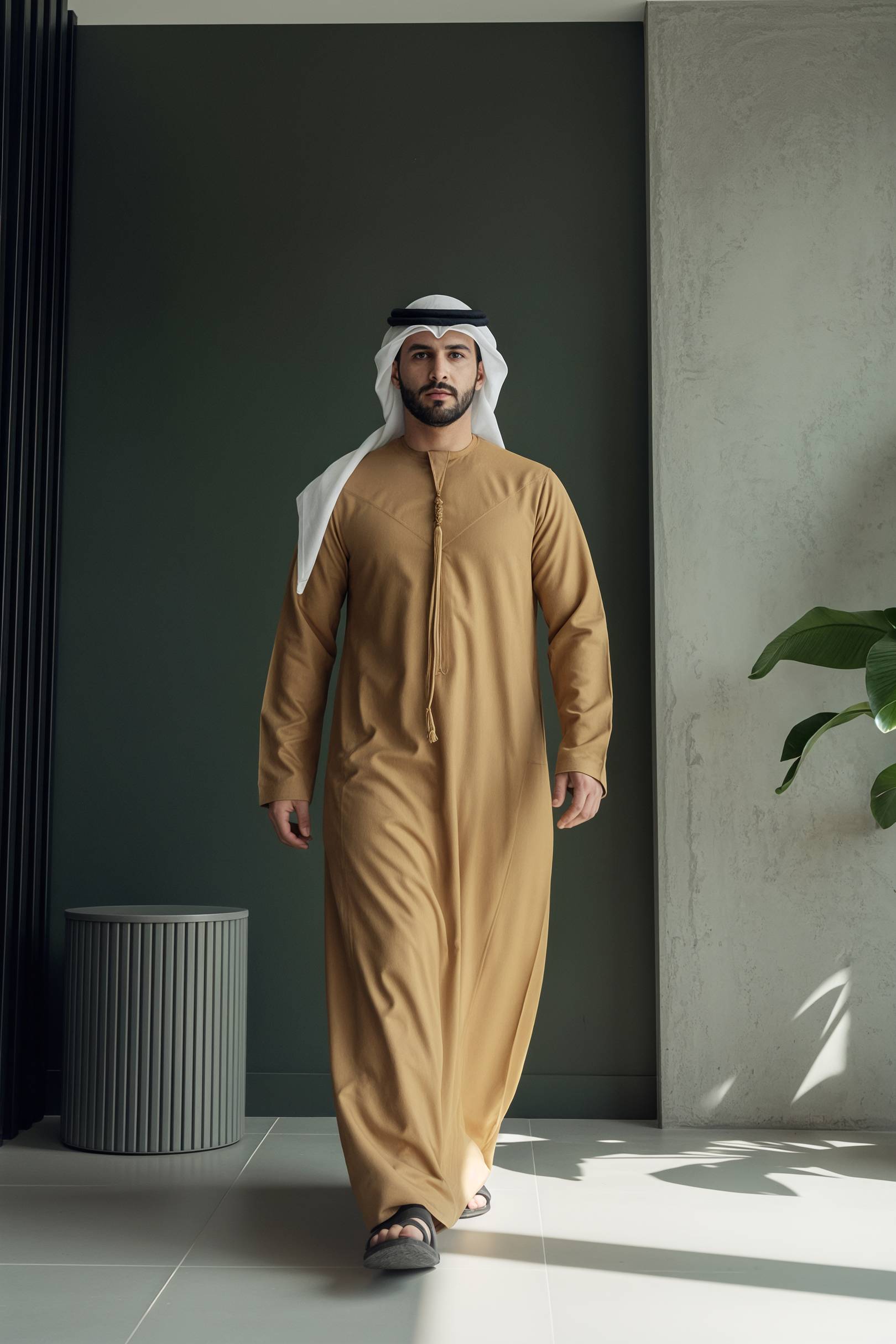 Man wearing Camel Montgomery Wool Kandora showcasing the warm noble heritage tone and luxurious English wool drape from Shabab al Yola Winter Collection 1