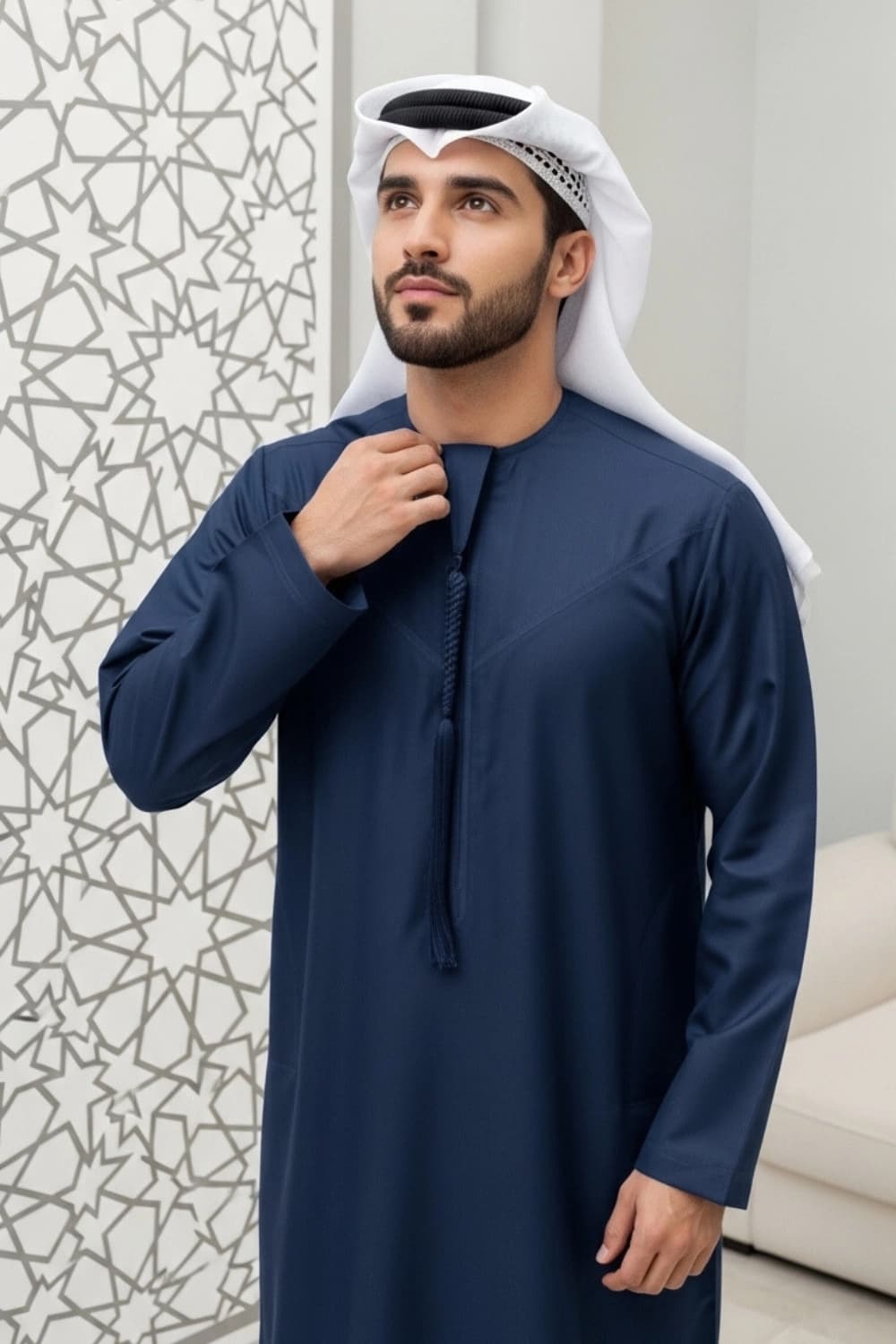 Finest Fabric Royal Blue Winter Kandora | Design by Shabab al Yola - Premier Edition - 4