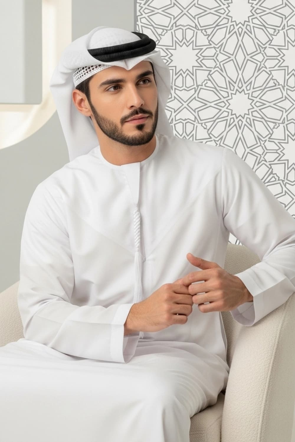 كندورة إماراتية باللون الأبيض المائل للصفرة | من شباب اليولة بقماش ياباني فاخر - 3