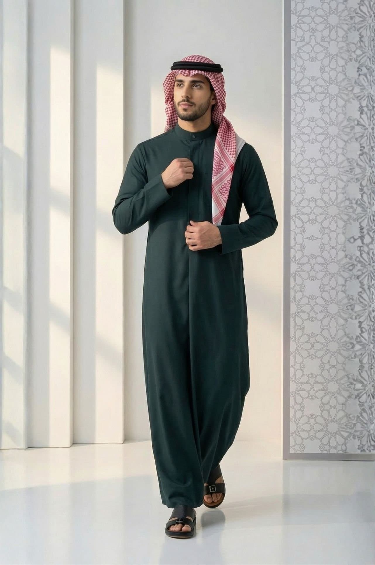 Man in midnight green Kuwaiti dishdasha from Shabab al Yola, deep color for winter evenings in UAE with premium tailoring