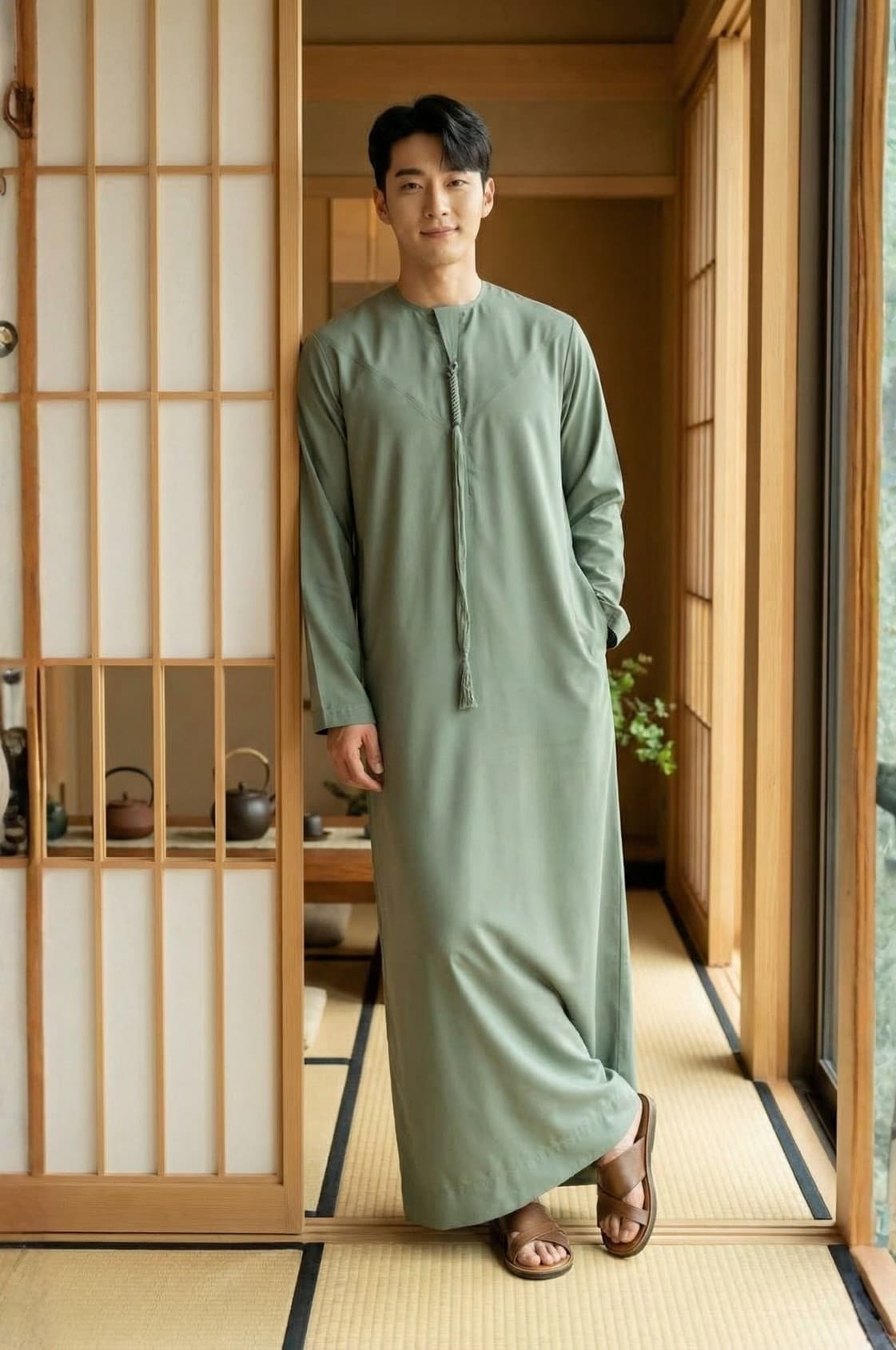 كندورة خضراء فاتحة بسيطة | أزياء عربية عصرية للأجانب في الإمارات - 3