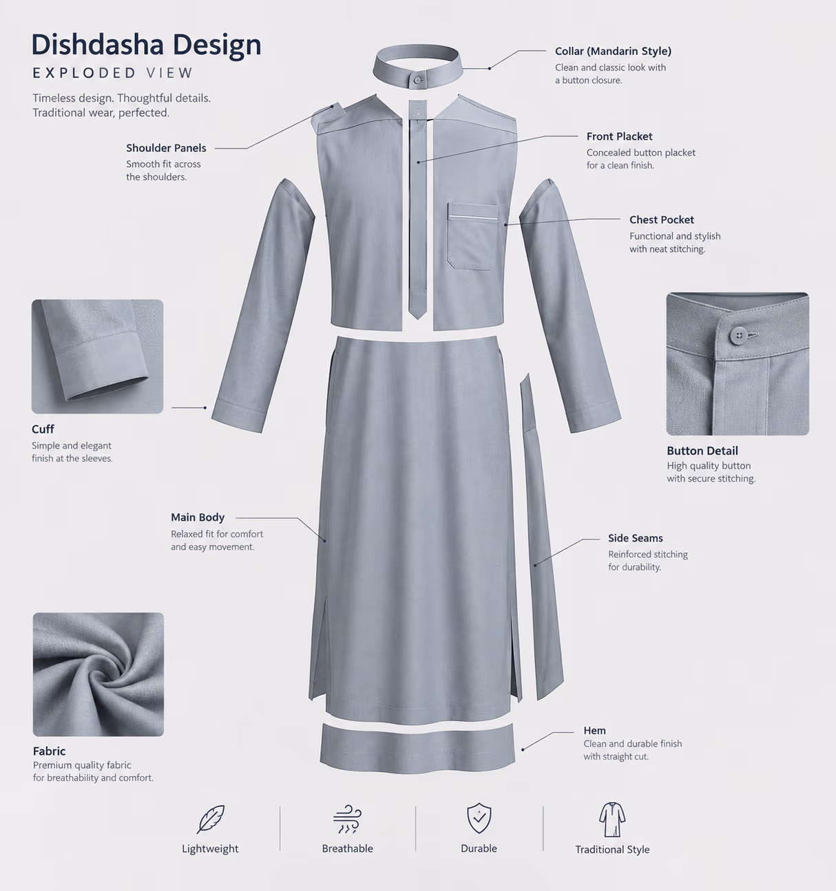 Structure of a Kuwaiti dishdasha showing the short banded collar, wide cuffs, placket line and front pocket